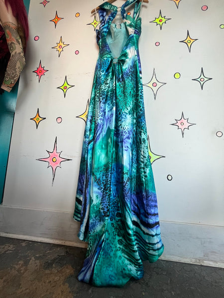 Y2K Betsy and Adam Teal Animal Print Formal Gown Prom Dress Size M/10