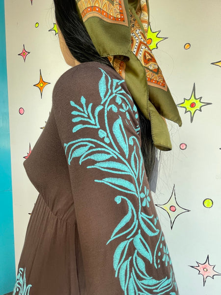 Y2K Brown and Blue Tattoo Print Mini Dress – Embroidered Boho Fairy Grunge S