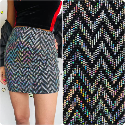 Vintage Y2K | Hologram Stretch Rave Disco A Line Mini Skirt | Glam Goth | Small