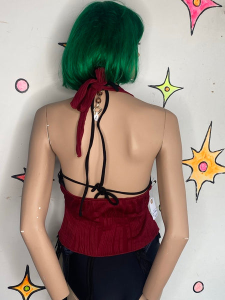 Red Halter Top Metal Hardware Pleated Rave Party Grunge Glam Y2K S