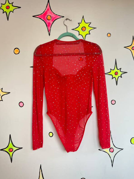 Red Devil Goth Teddy Bodysuit ' Sparkly Mesh Long Sleeve Vampire Lingerie