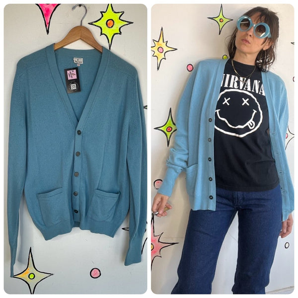 Vintage 60s 70s Lambswool Cardigan ' Mr Rogers Style Soft Knit Sweater - L