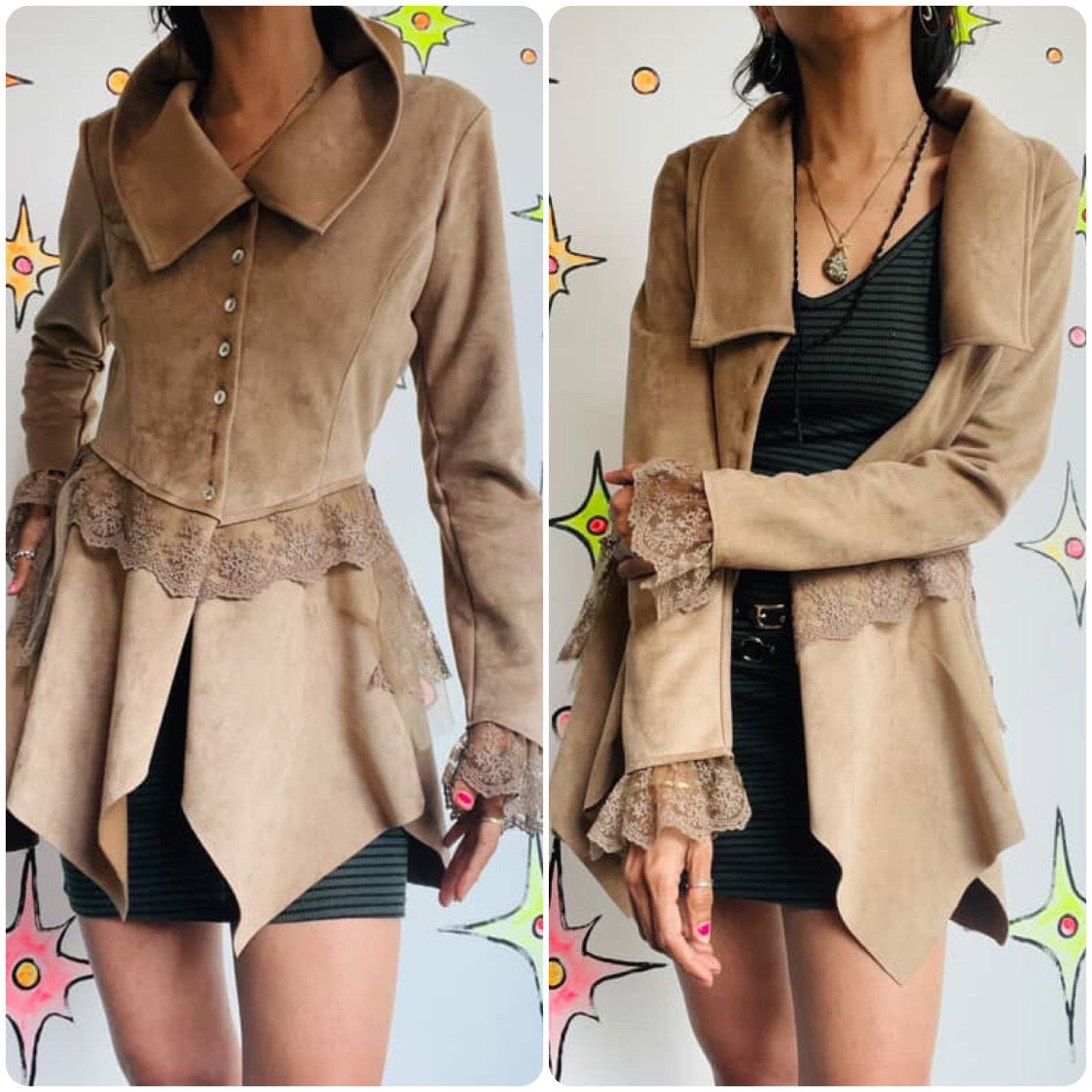 Vintage Edwardian Rococo Inspired Vegan Suede Coat – Iridescent Buttons – S