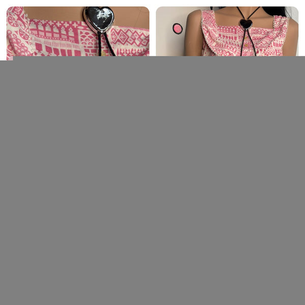 Vintage 50s Pink Novelty Tiki Babydoll Ruffle Kawaii Cotton Day Dress - Small