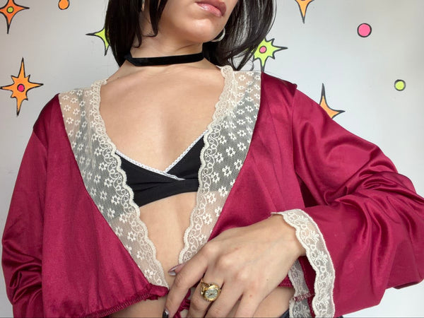 Vintage Burgundy Lace Lingerie Duster Romantic Goth Boudoir Y2K L