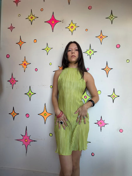 Y2K Lime Green Chartreuse Pleated Mini Dress Cyber Baddie Glam Party Dress S/M