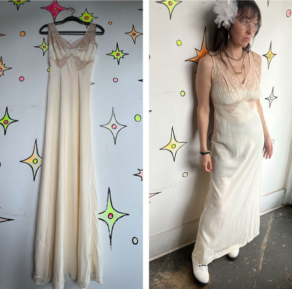 True Vintage 1950s Off-White Full Length Slip Dress Trousseaux Rayon Glam S
