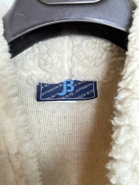Vintage Off White Sherpa Jacket Cozy Fleece Zip Front Belted Grunge Jacket L