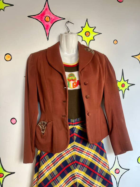 Vintage 1940s Earth Tones Embellished Beaded Blazer Vintage Juniors XS
