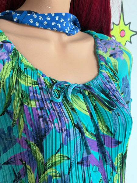 Y2K Neon Hawaiian Tank Top Miami Maximalist Fairy Grunge Cyber Y2K Pleated Top L