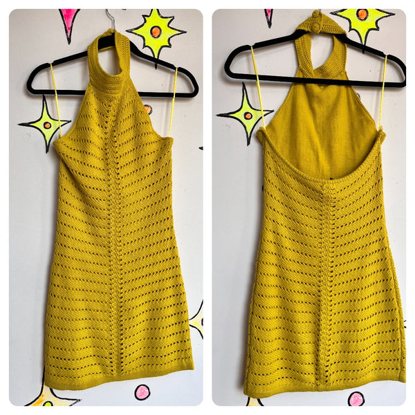 Retro 90s does 60s 70s | Lime MOD GoGo Crochet Knit Mini dress | Small