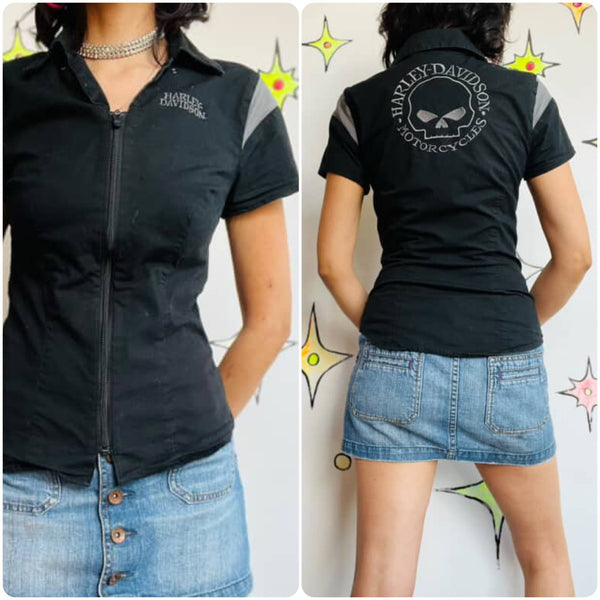 Black Zip‑Up Harley Davidson Racing Shirt - Genuine Motorclothes XS - Vintage