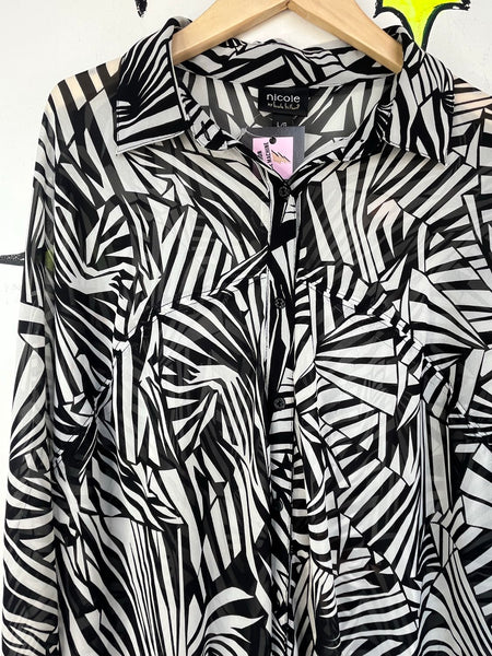 Nicole Miller Sheer Op Art Blouse Avant Garde Black White Statement Top Y2K L