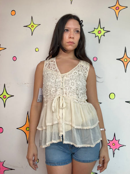 Vintage Y2K Off White Crochet Fairy Grunge Top Boho Emo Coquette Soft Girl - S