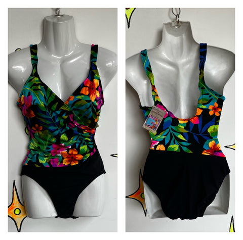 Vintage 80s 90s | Neon Floral One Piece Swimsuit Bodysuit | SM
