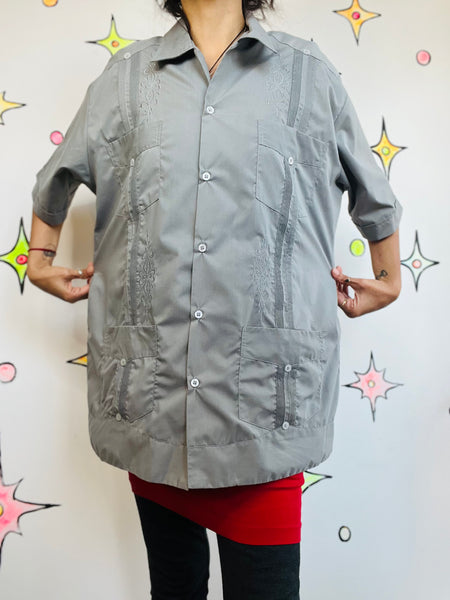 Vintage Gray Men's Embroidered Guayabera Shirt Haband Style Shirt Size 42/L