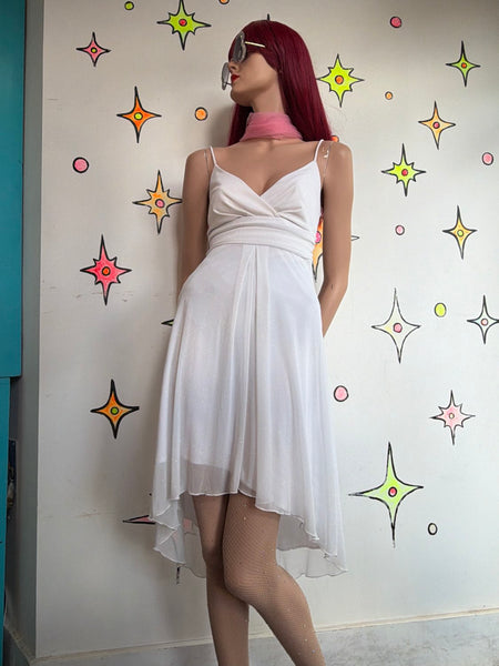 90s White Glitter Empire Slip Dress Marilyn Monroe Retro Glam Hankerchief Dress