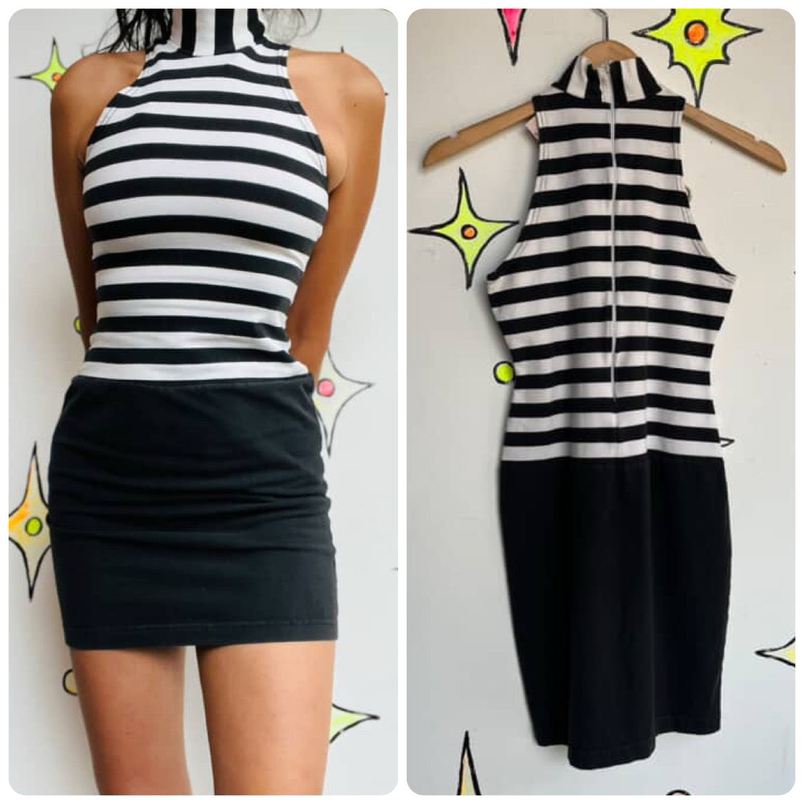 Vintage 90s DKNY Black & White Striped Hamburglar Cosplay Bodycon Dress – S