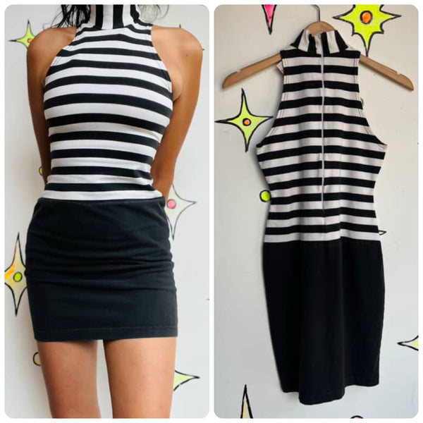 Vintage 90s DKNY Black & White Striped Hamburglar Cosplay Bodycon Dress – S