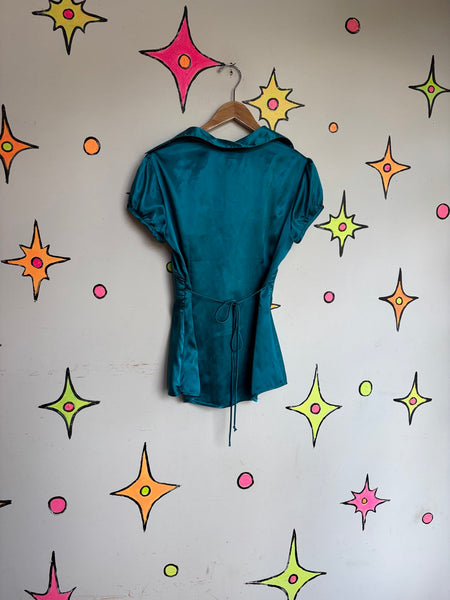 Y2K Teal Satin Blouse | Office Siren Glam Academia Shimmer Top Medium