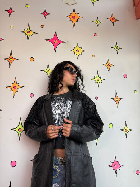 Black Leather Trench Coat 80s Patchwork Dolman Goth Moto Jacket Statement M