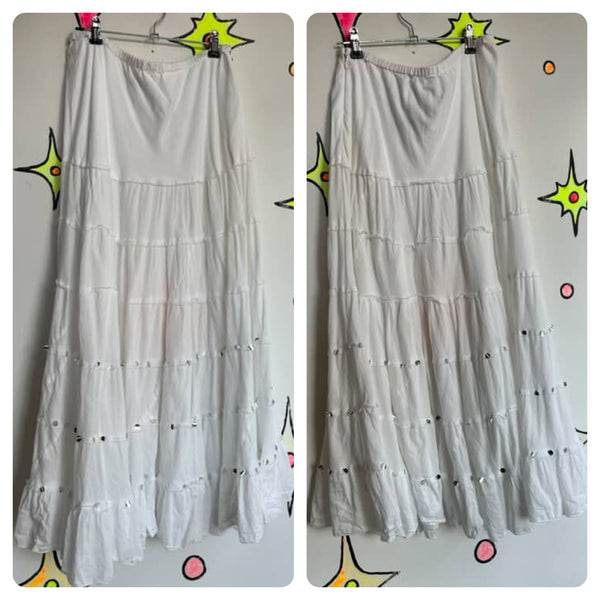90s Y2K White Boho Tiered Maxi Skirt - Beaded Mirrors - Fairy Grunge Coquette M
