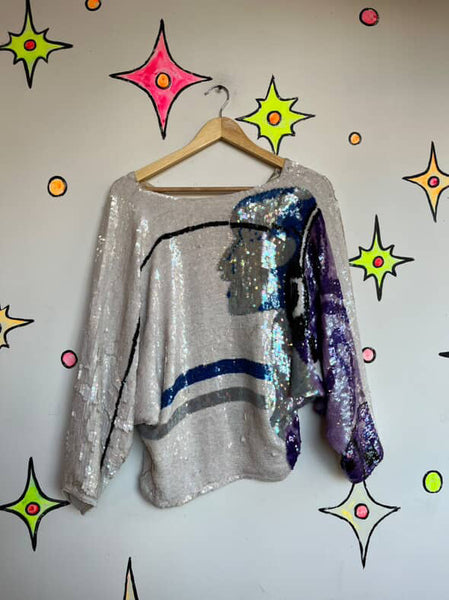 Vintage 80s Disco Glam Fully Sequin Silk Wearable Art Dolman Bat Wing Blouse M/L