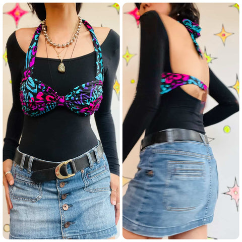 Vintage 80s 90s | Rainbow Neon Abstract Adjustable Swimsuit Bikini Top | 10 M