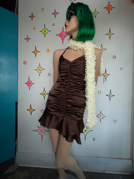 90s Y2K Fairy Brown Satin Scrunch Dress Halter Mini Party Formal Grunge Glam S