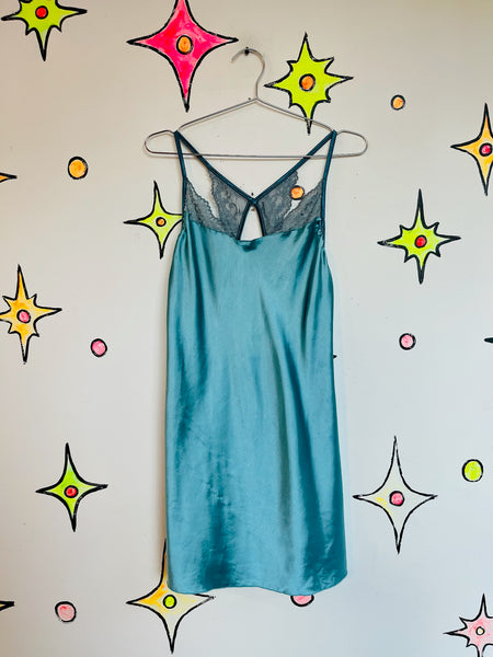 Vintage Pastel Blue Satin Lace Fairy Grunge Victorian Romantic Mini Slip Dress L