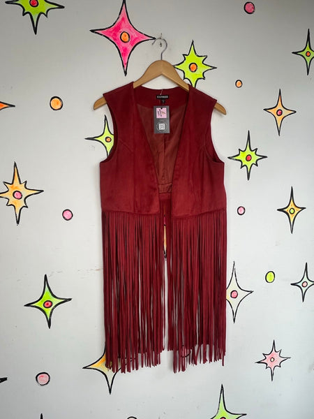 Red Vegan Suede Fringe Vest Western Glam Boho Grunge Festival Vest Cowgirl M