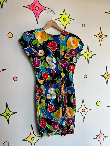 Vintage 80s Rainbow Abstract Art Wear Wrap Dress Boho Grunge w Shoulder Pads 5/6
