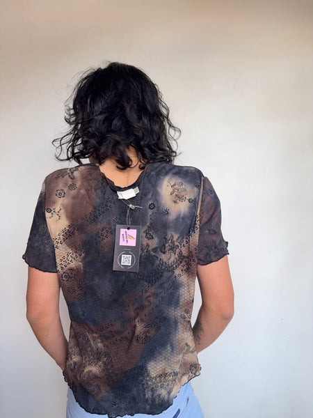 Fairy Grunge Mesh Tattoo Tee Wasteland Thrashed Black Brown Y2K Goth Top LXL