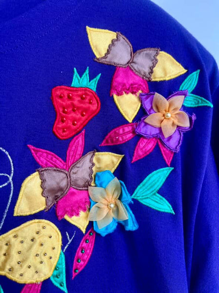 Vintage 80s Embellished Sequin Fruit Tee Deadstock Art Wear Statement Shirt - M