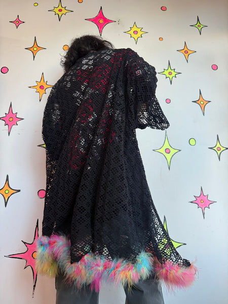 Y2K Rainbow Feather Trim Kimono Rave Cyber Grunge Japanese Streetwear