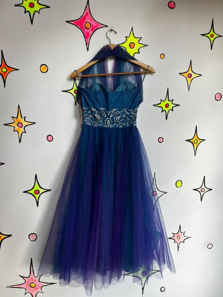 Vintage 50s Blue Tulle Fit & Flare Halter Party Dress Fairy Princess Prom Gown S