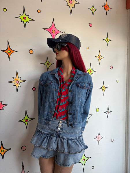 90s Embellished Beaded Denim Jean Jacket Fairy Grunge Whimsy Western S/M