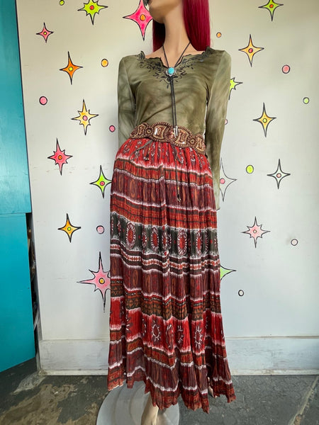Vintage 80s 90s Red Western Boho Gauzy Flowy Maxi Skirt Global Coffeehouse