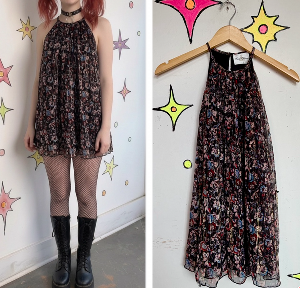 Y2K Metallic Sheer Black Floral Whimsigoth Grunge Babydoll Top or Mini Dress M