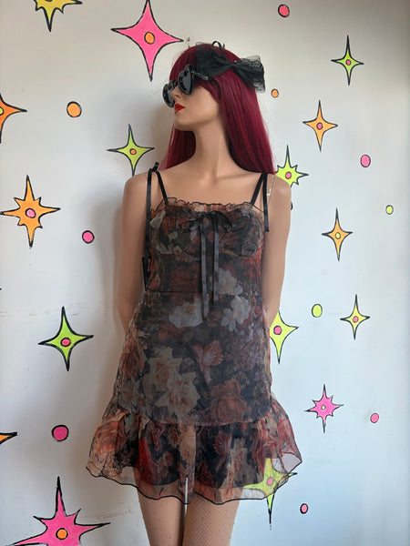 Sheer Black Floral Babydoll Dress | Romantic Goth Fairy Grunge Slip Mini M