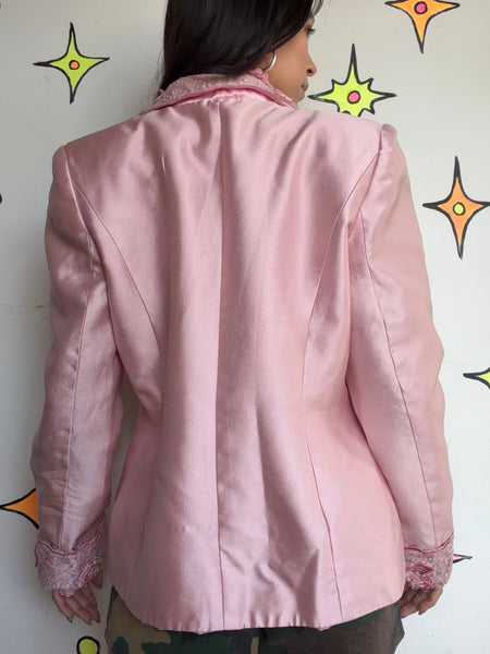 Lily Taylor Y2K Pink Silk Blazer | Barbiecore Dollcore 80s Girly McBling Glam L