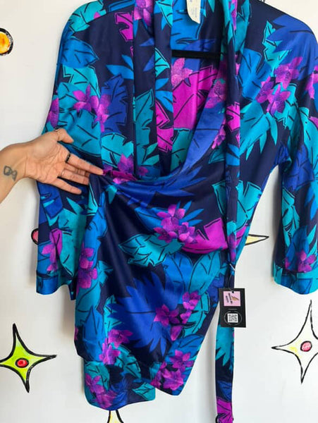 Vintage 70s/80s Teal & Magenta Tiki Hawaiian Night Robe | Retro PJs – M