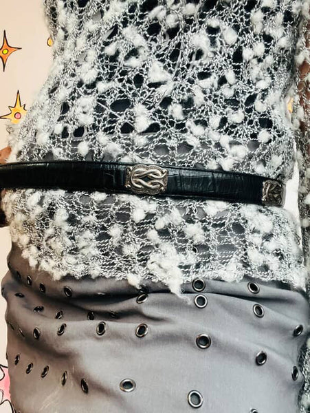 Vintage 90s Black Leather Western Belt - Silver Buckle & Embellishments - Size L