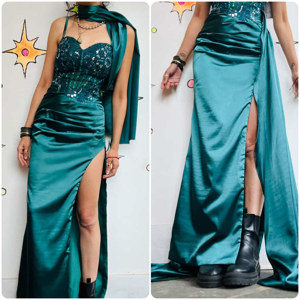 Y2K Teal Mermaid Formal Gown - Adjustable Corset Back Silky Prom Dress Sz 3/4