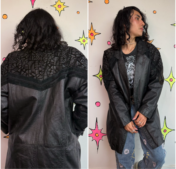 Black Leather Trench Coat 80s Patchwork Dolman Goth Moto Jacket Statement M