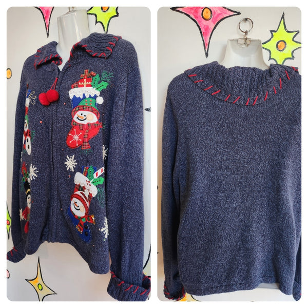 Vintage 90s | Snowman Tacky Ugly Embellished Cardigan Christmas Sweater | Large