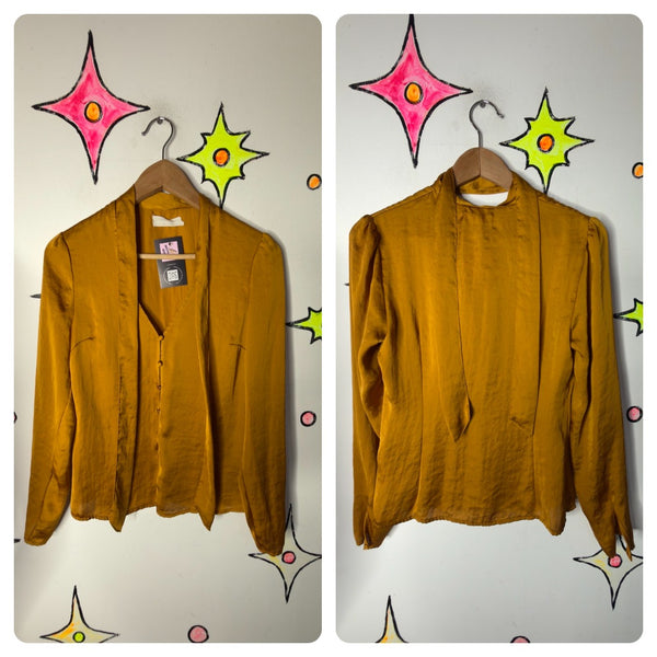 Vintage Y2K Mustard Satin Secretary Blouse Bow Neck Top Retro 70s Office Chic S