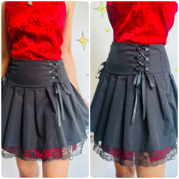 Vintage 90s Y2K Black Pleated Goth Fairy Coquette Babydoll Mini Skirt w Lace | S