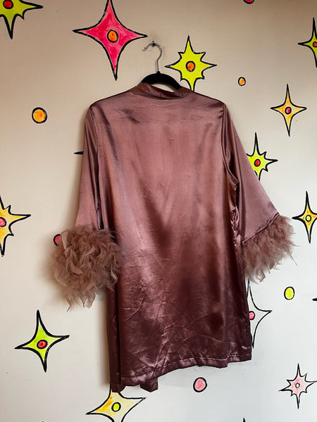 Vintage Pink Satin Feather Trim Boudoir Robe – Old Hollywood Glam Lingerie – M