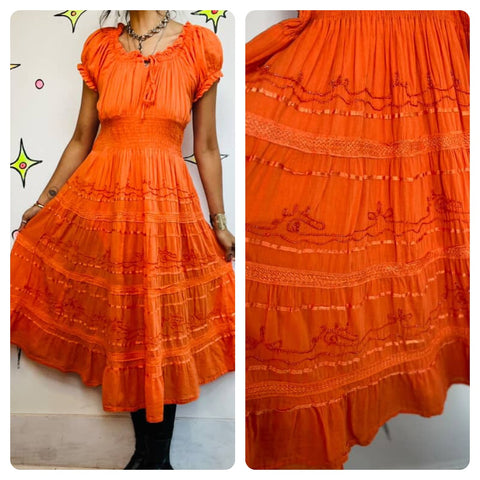 Vintage Cotton Embroidered Peasant Dress Cottagecore Boho Fairy Grunge Festival